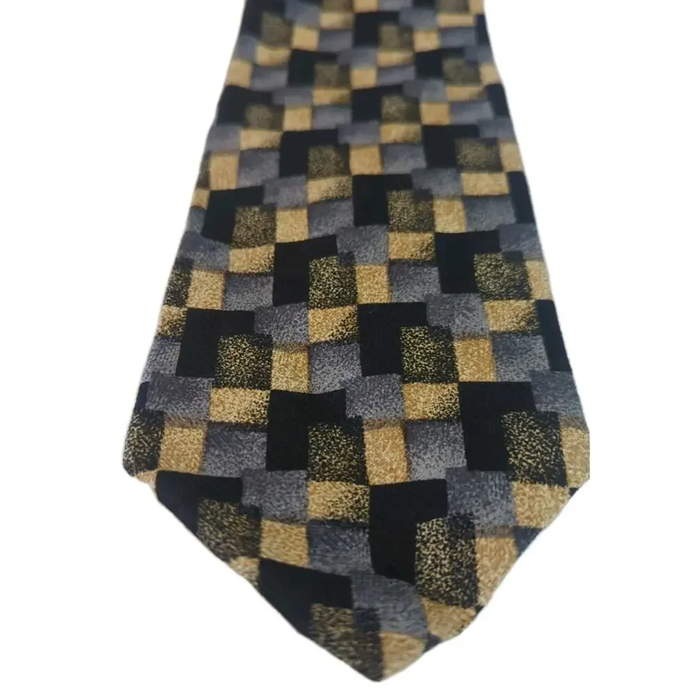 BOLGHERI Woven Geo Design of Dark Blue, Gray, Gold 100% Silk Tie 57